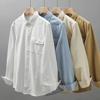 American Ferramentas Pesadas de manga comprida masculina de Primavera e de Outono Bolso de Puro Algodão de Alta qualidade Camisa Branca