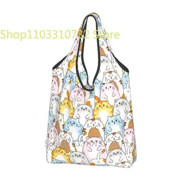 Grande Reutilizável Bonito Colorido Gato Dos Desenhos Animados Sacolas De Reciclagem Dobrável Pesados Kawaii Feliz Miau Shopping Tote Bag Duplo Lavável