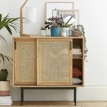 O produto pode ser personalizado.Nordic madeira maciça aparador de vime moderno e minimalista casa, sala de estar, armário de quarto, mesa de cabeceira