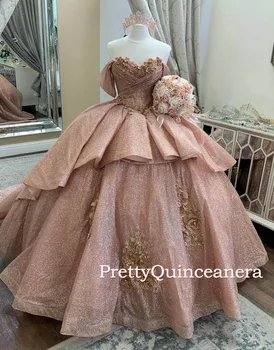 Sparky do Ouro de Rosa, Flores em 3D Fora do Ombro Vestido Quinceanera com Trem Princesa Vestido de baile para a Sweet 16