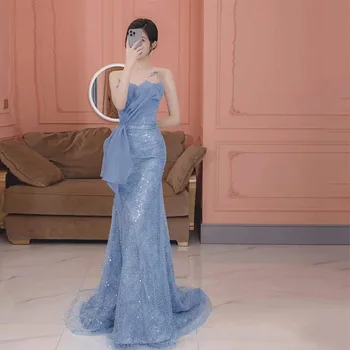 14174#Elegante Azul Plissado Sereia Luxuosa Beading Maxi Prom Vestido De Festa Plus Size Formal Vestidos De Noite Preço De Fábrica