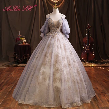 AnXin SH vintage cinza azul de renda da flor de alcinhas brilhante bola de cristal beading vestido de babados princesa da festa vestido de noite