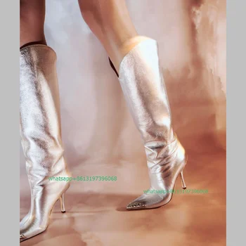 Senhora cravado dedo apontado cor da fita do joelho botas de salto agulha PU dança vestido de festa de sapatos de salto alto botas tamanho 46 calçado tamanho 46