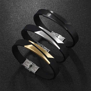 Geométrica de Ouro, Cor de Prata Bracelete de Aço Inoxidável do Esporte de Silicone Preto Ajustável Braceletes Pulseiras para Mulheres