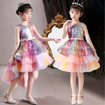 Coloridos, Lantejoulas Meninas à Direita Vestido de Princesa Crianças de Aniversário Roupas de Festa Elegante do Casamento Vestidos para Menina de Vestido de Desempenho