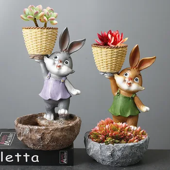 Resina animais dos desenhos animados de simulação coelho suculenta planta verde vaso de flores de decoração para o pátio exterior, decoração de jardim
