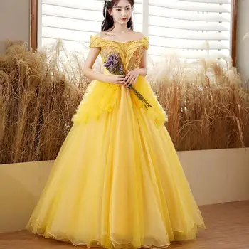 Fora Do Ombro Vestidos De Quinceanera Doce Apliques De Renda De Tule Puffy Vestido De Baile De Novo E Elegante Longo Amarelo Vestido De Debutante