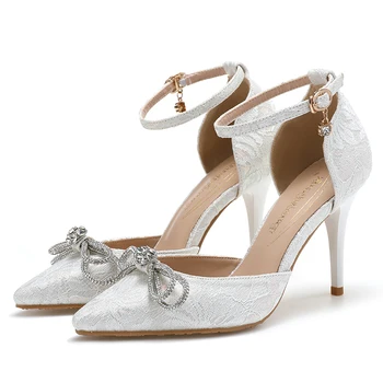 BaoYaFang Branco de Noiva, Sapatos de Mulher 9cm Finas de Calcanhar Tornozelo Pulseira de Cristal Vestido de Festa de Sapatos de Mulher Alta Bombas de sapatos de Casamento