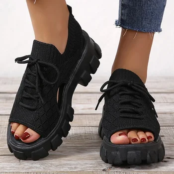 Plataforma Sandálias para Mulheres, Adulto Verão Nova Moda Casual Sapatos de Desporto de Grande Tamanho Respirável Romano Sandálias Forro de Malha Leve