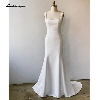 Lakshmigown Elástico Crepe Colher Decote Do Vestido De Casamento Sem Encosto Drapeado À Direita Stretch Cetim Com Alças Finas, Vestidos De Noiva