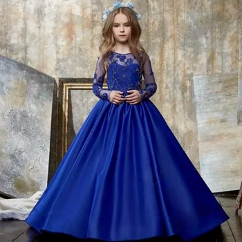 Azul Royal Vestidos Da Menina De Flor Transparente De Manga Longa Para Festa De Casamento Vestidos De Tule Macio Cristais Arco V De Volta Fairy Dress