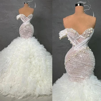 2023 Luxo Sereia Vestidos De Noiva Querida Sexy Esferas Apliques De Laço De Vestidos De Noiva Personalizados Feitos Trem Da Varredura Vestidos De Noiva