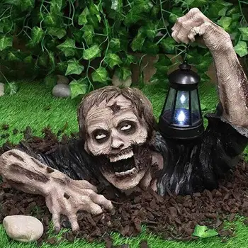 Halloween Horror Zumbi Carregando Lâmpada Lightable Estátua Decoração de Casa Assustador Gnome Ornamento de Resina Artesanato Pátio com Jardim decorar