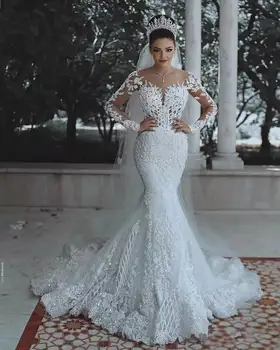 Turquia Luxo Vestidos De Noiva De Manga Longa Sereia Ilusão De Renda Applique Frisado Querida Sexy Vestidos De Noiva Da Princesa