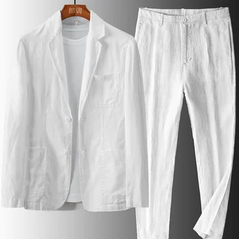 Homens 2 Peça de Linho de Algodão Ternos Pocket Branco Preto Para Casual Formal Terno de Mens Vestuário de Casaco Fino Estilo Na Primavera E Verão